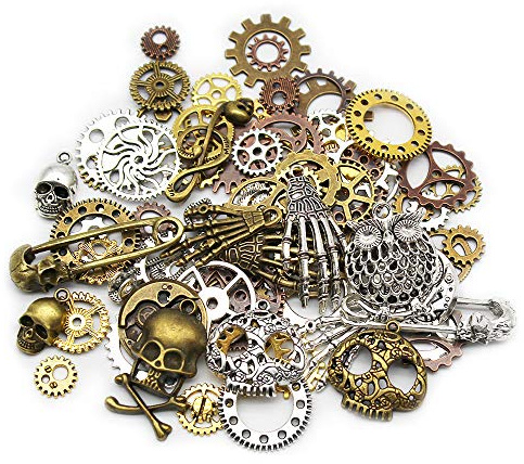 Mila-Amaz 80 Pcs Assorted Antique Steampunk Gears Metal Skeleton Pendant Charms Cogs for Jewelry Making Accessory - Bronze, Silver