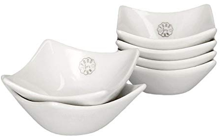MamboCat Tapas Schälchen weiß aus Porzellan I kleine Servierschalen Vintage I Partyschälchen Snackschalen & Dipschalen Set I mini Porzellan Schalen mit Muster I viereckige Dessertschalen 6 teilig