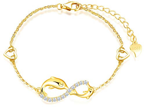INFINIONLY Bracelet en Argent 925 pour Femme et Fille - Symbole de l'Infini avec Dauphin Mignon, Décoré de Diamant, Cœur ou Étoile - Zircon Incrusté, Or, Élément Animal