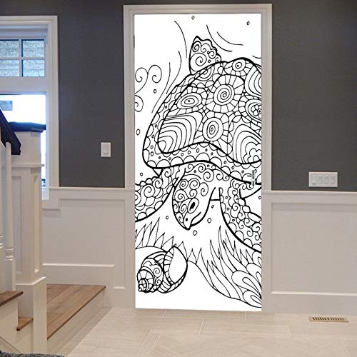 A.Monamour Türtapete Selbstklebend Türfolie Türposter 3D Hand Gezeichnete Schildkröte Muschel Schwarz Weiß Skizze Kritzeleien Vinyl Folie Türdeko Tapete Wandbild Türaufkleber Türtattoo 90x200cm