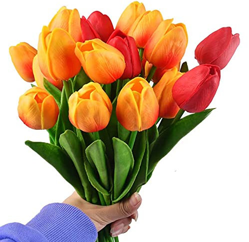 8 Stück Kunstblume,33 cm * 4 cm Kunstblume Tulpe,Kunstblumen Deko,Unechte Blumen für Hochzeit,Hause Dekor,Party,Festival,Blumenarrangements(Rot/Sonnenuntergang Rot)