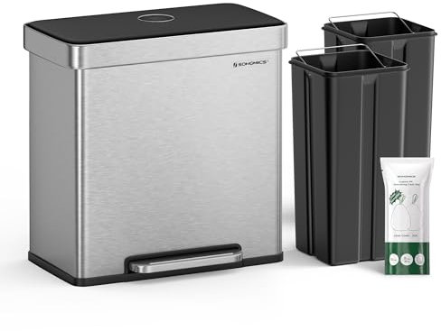 SONGMICS ULTB202E01 Küchenabfalleimer, 2 Fächer, 60 l Tret-Recycling-Mülleimer, bleibt offen und sanft schließend, Edelstahl, 15 Beutel enthalten, Metallic-Silber