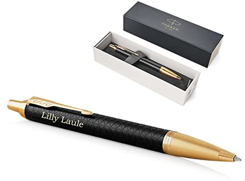 PARKER IM Premium Kugelschreiber mit Gravur | Premium Stift | Geschenkbox | blaue Tinte | edel | personalisiertes Geschenk | Namen | graviert | Jahrestag | Geburtstag (Black/Gold G.C.)