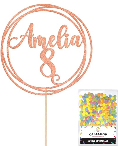 Personalised Round Happy Birthday Glitter Cake Topper - Rose Gold Any Custom Age & Name Glitter Cake Decoration and Sprinkles - Happy Birthday Decorations - Personalised Toppers for Cakes by Cakeshop