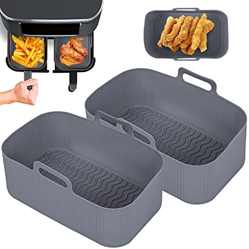 Snewvie 2Pcs Silicone Pot for Ninjas Dual Air Fryer, Silicone Air Fryer Liners Double Air Fryer Silicone Basket, Air Fryer Rack Accessories for Air Fryer, Oven, and Microwave, #3 2 Grey