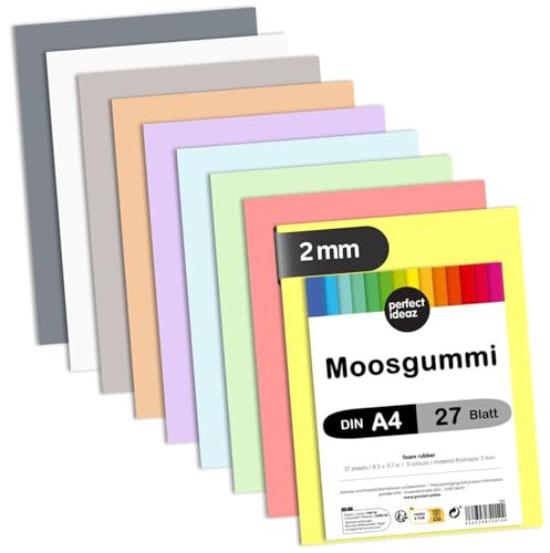 perfect ideaz - Moosgummi DIN-A4, 27 Blatt, 29,7 x 21 cm (2 mm dick), farbiges Bastelmaterial für Kinder, Top Qualität (Pastell)