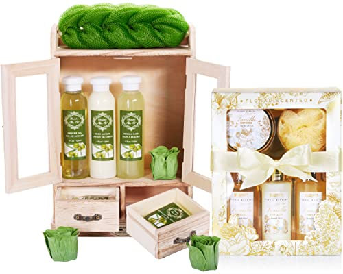 BRUBAKER Cosmetics 2 in 1 Pflegeset Olive & Vanilla Rose Minze - Großes 15-teiliges Wellness Set - Damen Dusch- und Badeset - Frauen Beauty Geschenkset mit Deko Holzschrank