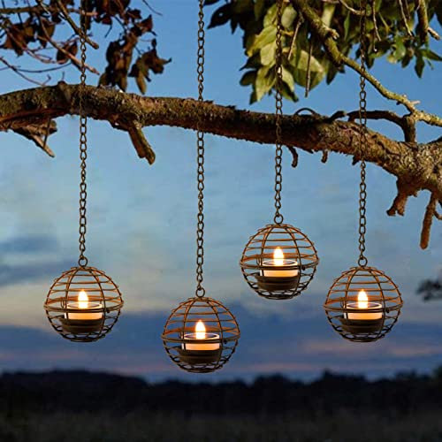 TWINKVILLA Solar Hanging Lanterns Outdoor Waterproof, Rust Iron Ball Candle Holder with Flickering Solar Powered Tea Lights, Perfect for Backyard Patio Garden Fence Tree Decoration-4Pack