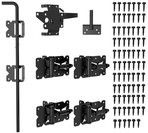 SKYSEN Self-Closing Fence Gate Hinges, Latch, and 24 Drop Rod for Double Gate Fence, Fence Gate Hardware - Easy to Install, Sturdy and Durable - Black Plastic Coated(smzt-01)