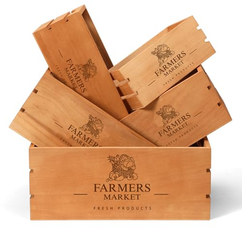 Barydat Set of 5 Wood Crates for Display Decorative Nesting Wooden Crate Storage with Handles Vintage Farmhouse Style Decorative Boxes Multipurpose Fruits Vegetables Boxes(Brown,Classic)