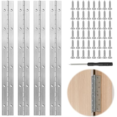 Riisoyu 4 Piezas Bisagra Piano Acero Inoxidable, 30cm Bisagra tipo piano con Agujeros Robustas Bisagras con 48 Tornillos Conectores Bisagras Acero con destornillador para pianos, puertas de armarios
