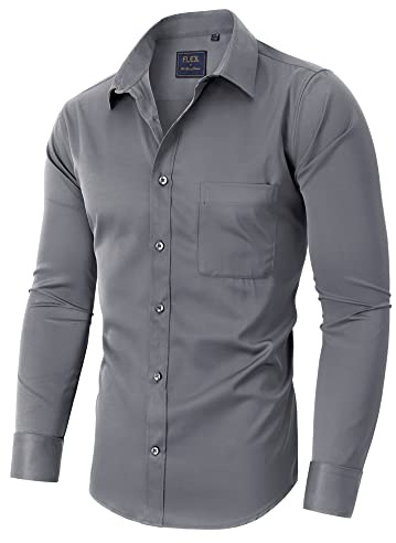 siliteelon Men Shirts Non Iron Business Shirt for Men Adult Grey Cotton Men's Dress Formal Regular Fit Button Down Shirt Stretch Mens Shirts Long Sleeve Work, Office, Wedding, Party,Concer
