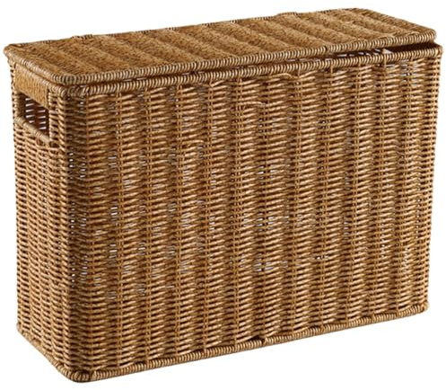 DEARMAMY Rattan Zeitschriftenkorb Mit Deckel Schmaler Aufbewahrungskorb Für Bücher Spielzeug Und Kleinigkeiten Tragbarer Korb Für Badezimmer Und Büro 38X27X15Cm