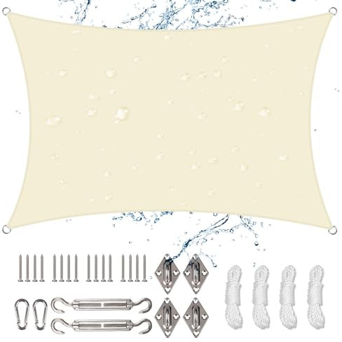 NAKIHOUSE Sun Shade Sail 2m x 4m Rectangle Waterproof Sunscreen Awning Canopy with Fixing Kit 95% UV Block Sun Shades for Outdoors, Garden, Patio, Yard, Party (Cream)