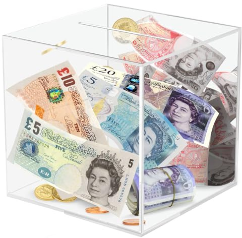 Viitech Acryl Transparente Sparbüchse, 12 x 12 x 12 cm Muss zum Öffnen Zerbrochen Werden, Quadratische Durchsichtig Sparschwein aus Acryl für Budget und Sparen, Münzen und Bargeld
