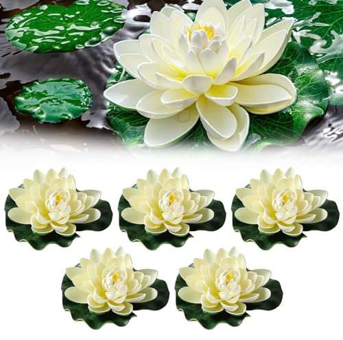 Flores Flotantes, Flores artificiales flotantes, 5 Piezas Flor de Loto Lotus Leaves Set, Estanque de flores de loto de Eva, Ecoración de Estanque Flotante para Decoración de Estanque de Acuario-Blanco