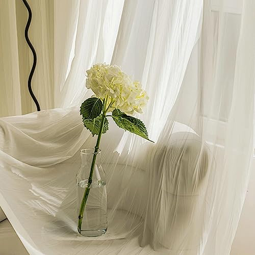 Epinki Halbtransparent Voile Gardine Häkchen 132x214cm(BxH), Zerknitterte Textur Einfarbig Creme Halbtransparent Vorhang Voile aus Voile Polyester für Deko Wohnzimmer Schlafzimmer