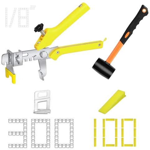 Storystore Tile Leveling System with Tile Pliers and Hammer - 300 Piece Tile Spacers Clips and 100 Piece Reusable Wedges, 1/8 Inch Tile Installation Tools Kit