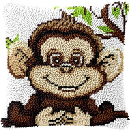kitphoenix Kit de Coussin avec Crochet à Loquet Singe Kit Coussin au Point Noué, 43×43CM création de Tapis et Canvas, Kit Tapis Point Noué,Tapis Point Noué Kit