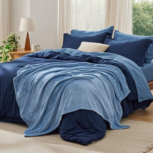 Bedsure Twin Comforter Set Navy Blue, 6 Pieces Prewashed Twin Size Bed in a Bag with Soft Fleece Bed Blanket, Down Alternative Bedding Set for All Seasons, Sheets, Pillowcase & Sham