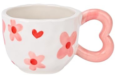 Koythin Tasse à café en céramique, jolie tasse créative avec poignée en forme de cœur pour la maison et le bureau, passe au lave-vaisselle et au micro-ondes, 300 ml pour thé, latte, lait (fleur rose)