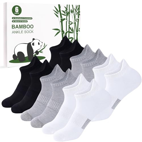 Bambu Träningssockor Damer 6 par – Andningsbara Ankelsockor till Löpning, Damsporter Låga Sockor, Atletiska Sockor med Presentask för Kvinnor och Flickor​ svart vit grå S​​