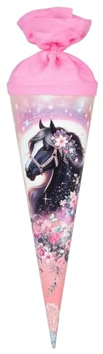 goldbuch 93 141 Geschwistertüte Luna, Schultüte mit Pferde-Motiv, Lackkarton, Geschenkverpackung mit rosanem Filzverschluss (ohne Verschlussband), Zuckertüte rund, Länge 35 cm, Ø 11,5 cm, Rosa
