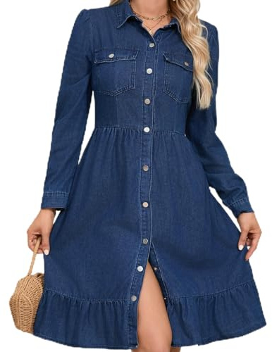 Estzc Denim Dress for Women Ruffle Flowy Denim Dress A Line Midi Jean Dresses Vacation Puff Long Sleeve Button Down Lapel Neck Casual Dress Large Blue