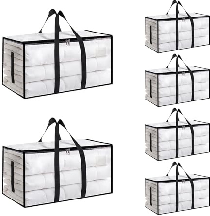 6 Pack-Extra Large Heavy Duty Moving Bags - Waterproof Storage Totes with Handles & Zippers, Foldable for College Dorm, Storage (Clear)