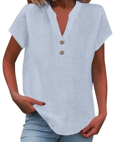 Uwdiohq Chemise Femme Coton et Lin Chemise Boutonnée à Manches Courtes et Col en V pour Femmes Chemisier Femme Chic et Élégant Tops Plus Size de Couleur Unie (Plusieurs Couleurs et Tailles)