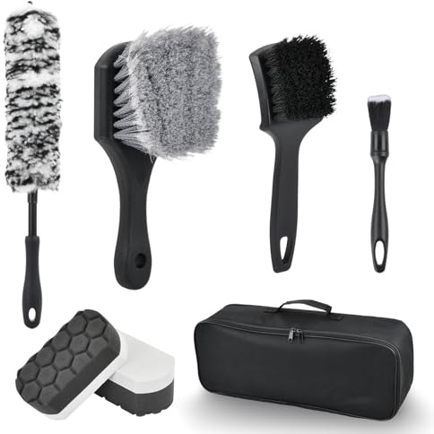 7 pezzi Kit pulizia auto, kit lavaggio auto Include spazzola cerchi auto spazzola a doppia testa per dettagli spugna lucidante e borsa portaoggetti per il lavaggio e la manutenzione dell'auto