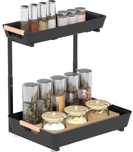 HOMCOM Küchenregal Höhenverstellbar 2 Körbe 40 x 30 x 33,5-42 cm Schwarz | Ausziehbare Körbe, Küchen-Organizer, Standregal aus Metall, Gewürzregal