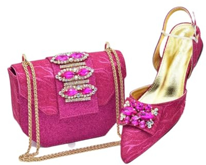 Ensemble de chaussures et sacs dorés pour femme avec chaussures et sacs assortis avec escarpins en strass, fuchsia, 41.5 EU
