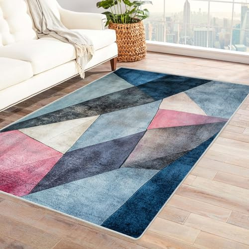 Alfombra abstracta de retazos azul para dormitorio, 90 x 120 cm, diseño moderno, tela suave, elegante decoración del hogar, antideslizante, cubierta de suelo para interiores.