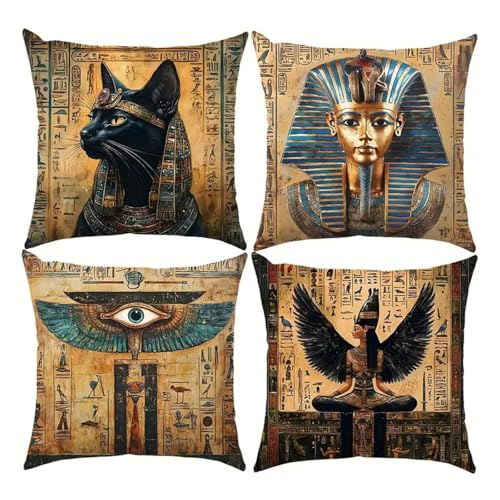 Jinmer Ägyptische Statue Kissenbezug 4er Set 35x35 cm Ägyptische Vintage-Klassiker Dekoration Samt Kissenbezüge Moderne Mode Kissenhülle für Sofa Schlafzimmer Couch Outdoor Zierkissenbezug