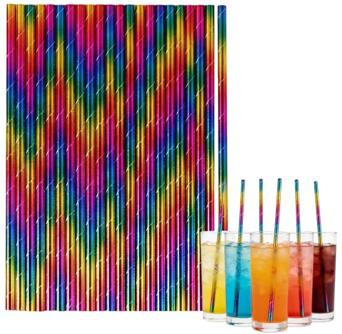 Rainbow Iridescent Paper Drinking Straws 100 Pack, Disposable Party Straws for Juice, Cocktails Soft Drinks Decorative Straws for Birthday, Wedding Celebration