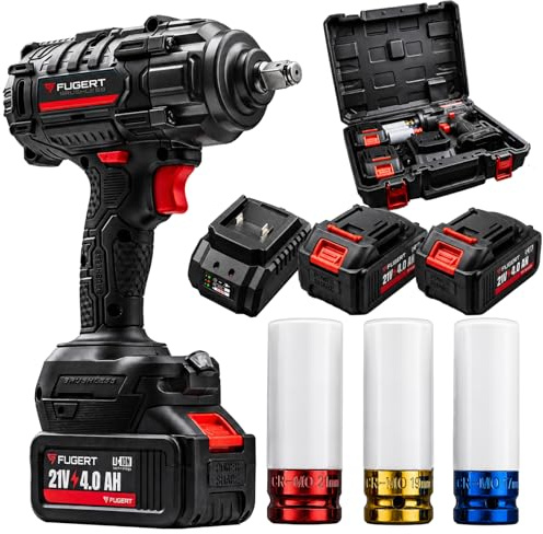 FUGERT Akku Schlagschrauber 1/2 Zoll 850Nm Bürstenloser Motor 2x 4.0Ah 21V | 3 Leistungsstufen und RSS-Modus Cr-Mo-Schlagstecknüsse 17/19/21 mm LED und Koffer für Reifenwechsel