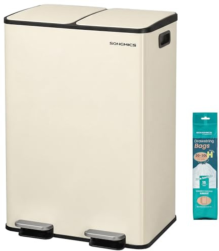 SONGMICS Mülleimer Küche, 2 x 30 Liter, 2 Fächer, Stahl | Abfalleimer, Tretmülleimer, Küchenmülleimer mit Softclose-Deckel und Inneneimer, inklusive 15 Müllbeutel LTB741AZ02