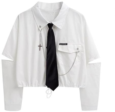 Camisa para mujer estilo universitario – Camiseta versátil con cadena y corbata, camiseta informal con botones y camisa, camisa informal de manga larga suelta., O blanco., M