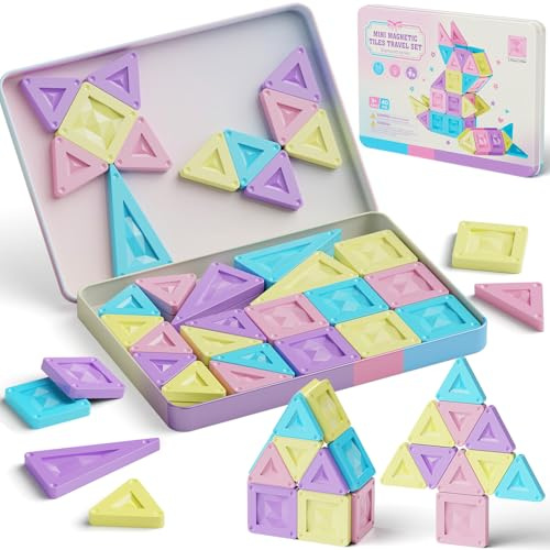 YOGOHEE Mattoncini magnetici da viaggio a partire dai 3 anni, 40 pezzi di mattoncini magnetici Montessori, giocattolo educativo con scatola di stagno portatile e piastra di gioco integrata, mattoncini