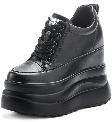 AONETIGER Högklackade kilskor för kvinnor läder kilar sneakers damer dolda kilklackskor 13 cm plattform tjocka vardagsskor storlek 2,5-6,5 UK, Svart, 36.5 EU