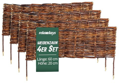 Relaxdays Beeteinfassung, Weide, 4er Set, HxB: 20 x 60 cm, zum Stecken, Beet & Rasen, niedrige Beetumrandung, braun