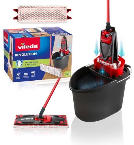 Vileda Nuovo Revolution Box, Sistema lavapavimenti con Secchio Strizzatore e Piastra Piatta con Panno 2in1 in Microfibra, Manico 3 pezzi, ideale per tutti i pavimenti,