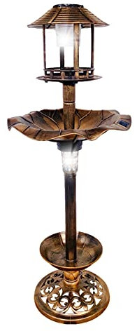BTEXPERT BB5171 Vasca per uccelli da giardino solare per esterni, stile vintage, illuminata, con piedistallo, fontana per fiori, vaschetta per uccelli, decorazione per gabbie, supporto riempibile, in