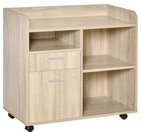 Vinsetto Mueble de Impresora Carro Multifuncional de Oficina con 3 Compartimentos 2 Cajones para Archivos Estante Ajustable Ruedas con 2 Frenos 80x40x72 cm Roble