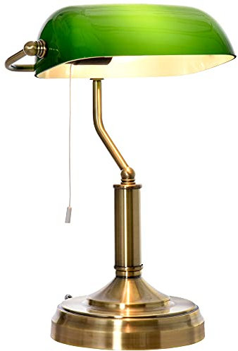 HOMCOM Banker's Table Lamp Desk Lamp with Antique Bronze Tone Base, Green Glass Shade and Pull Rope Switch for Home Office, Living Room, Bedroom, Dining Room, Green