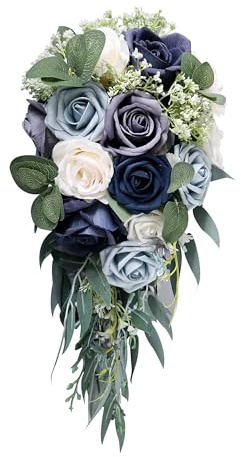 FEILUOYI Brautstrauß in Tropfenform, 25,4 cm, luxuriös, Blaue Rosen, für Hochzeit, französisch, rustikal, Vintage-Hochzeit, romantische Hochzeitszeremonie, Dekoration