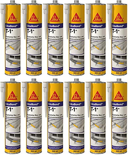 SikaBond T1+ Lot de 12 cartouches de colle de construction et de construction en polyuréthane 300 ml (blanc uni)