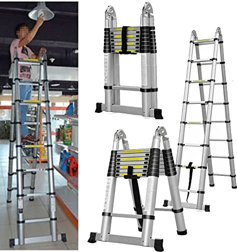 Telescopic Folding Ladder 5m, 2.5m+2.5m Stainless Steel Extendable Ladder w/Stabilizer, Portable Space-Saving Telescopic Ladder, Multi-purpose Ladder for Home Office Loft Capacity 330LB EN131