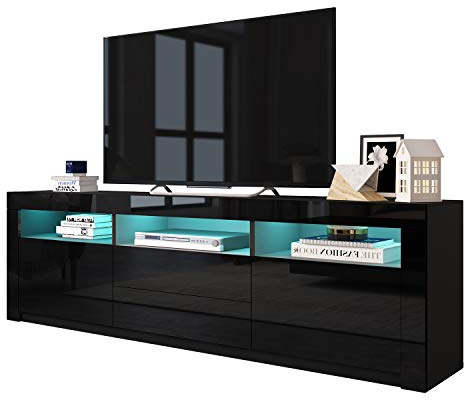 TV Schrank Lowboard Sideboard Wohnzimmer Fernsehschrank Schwarz Hochglanz mit LED-Beleuchtung,Moderner Fernsehtisch mit 2 Schubladen, 2 Türen und 3 offenen für Wohn- und Schlafzimmer